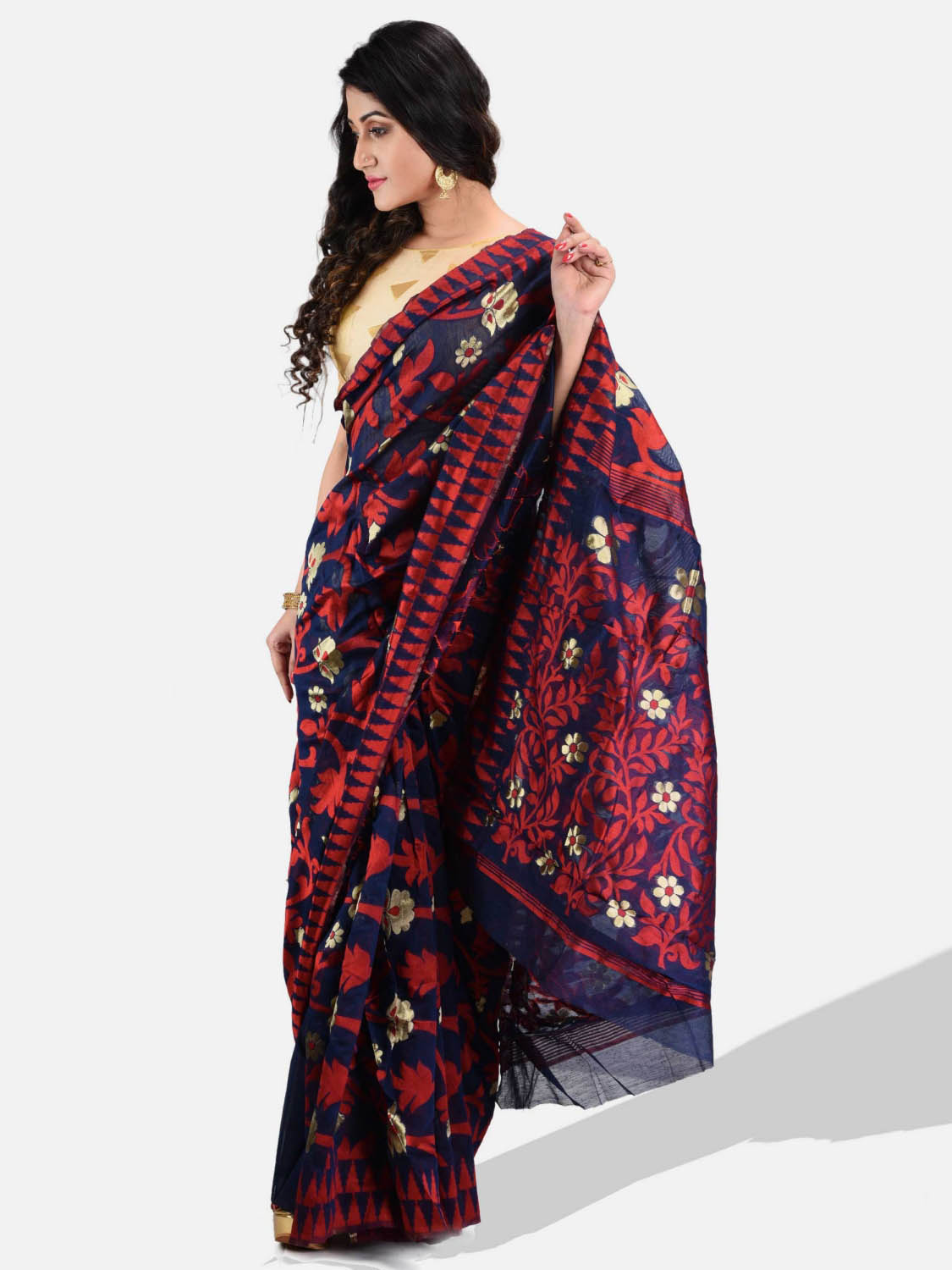 Women`s Handloom Soft Resham Dhakai jamdani Bengal Cotton Silk Tant Saree Whole Body Design with Blouse Pcs (Dark Blue Red)